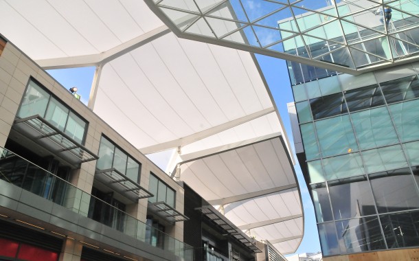 Tenara fabric walkway canopy over shopping centre