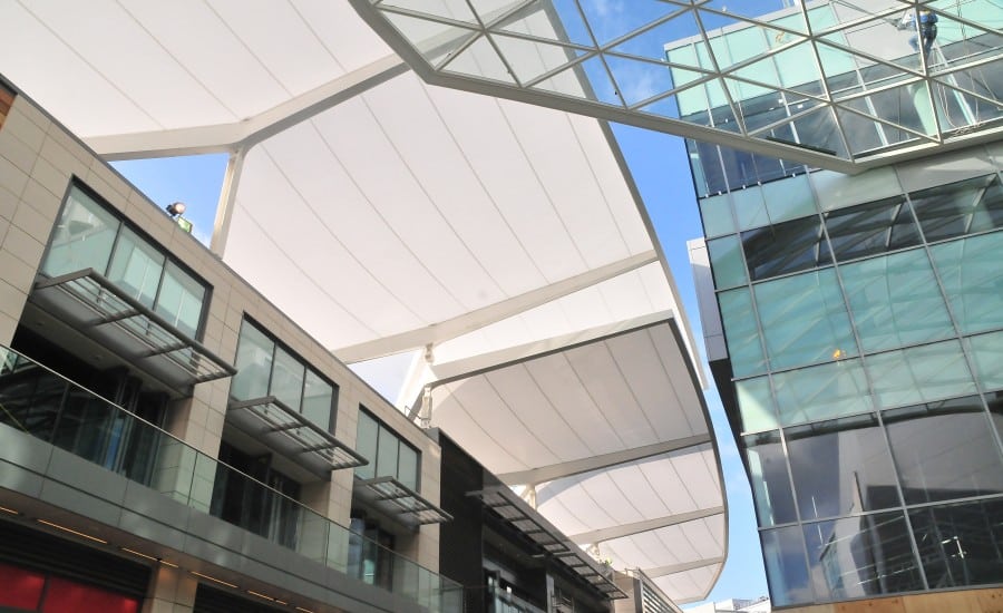 Tenara fabric walkway canopy over shopping centre