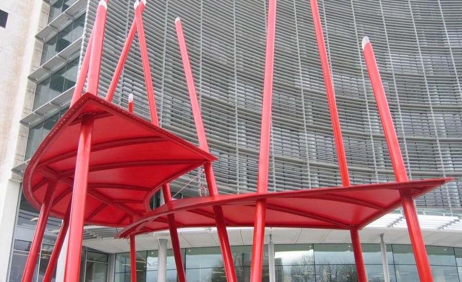 Entrance canopy with red fabric with unique design