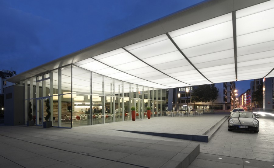 Lightframe fabric canopy with integrated LED lighting entrance feature