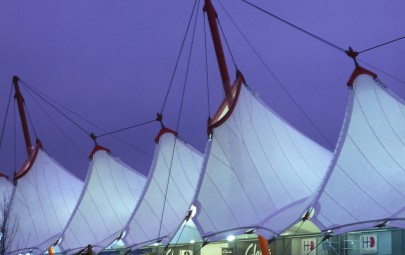 Tensile PVC structure at night