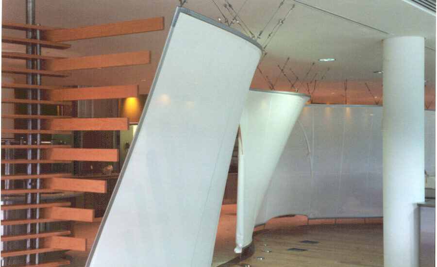 Wider view of the 120ft curved fabric screen running through the BT Leavesden Park restaurant