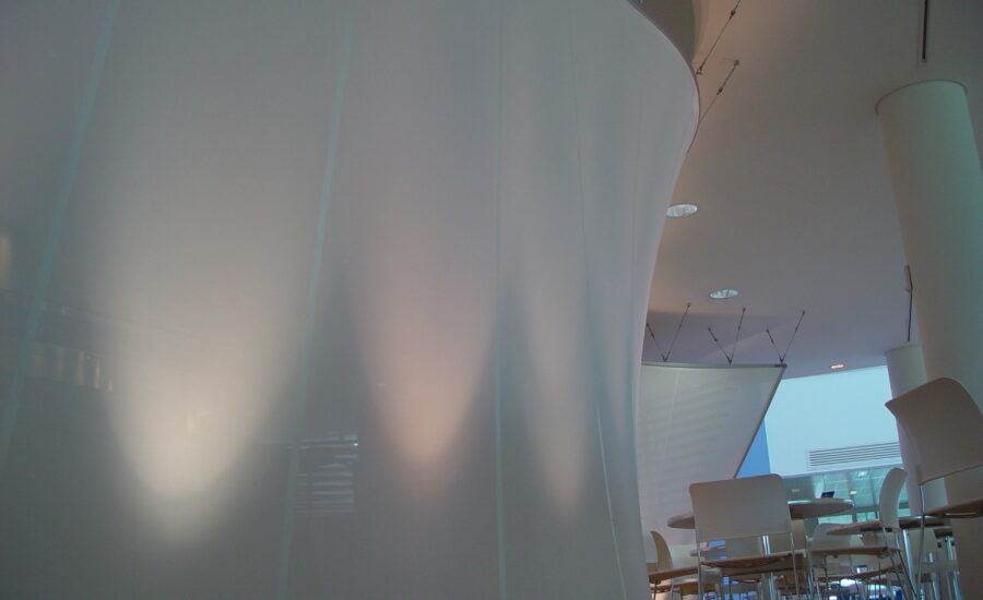 Elevation of the curved tensile fabric screen in the BT call centre restaurant, Leavesden Park