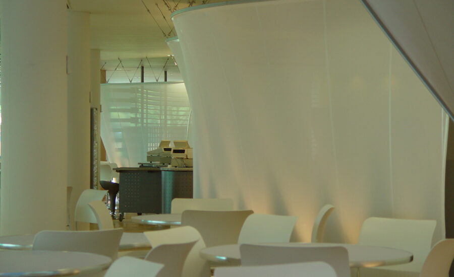 Fine glass mesh fabric of the curved screen at the BT call centre, Leavesden Park, close view