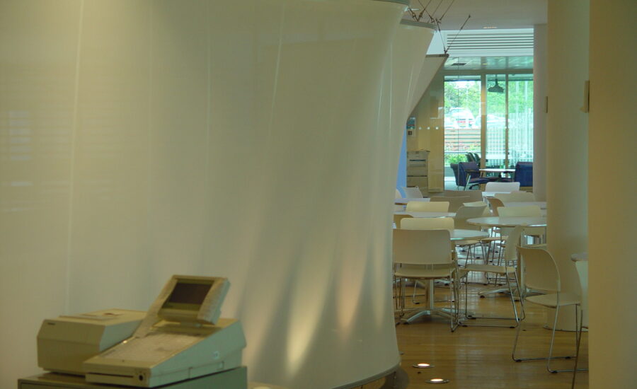 BT Leavesden fabric screen appearing to float between floor and ceiling in the staff restaurant