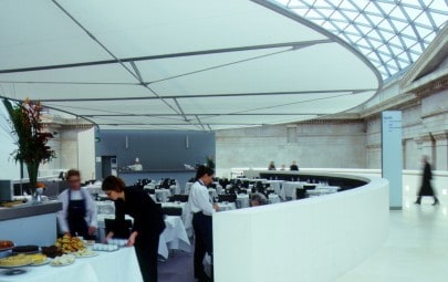 Fabric shade over restaurant ceiling