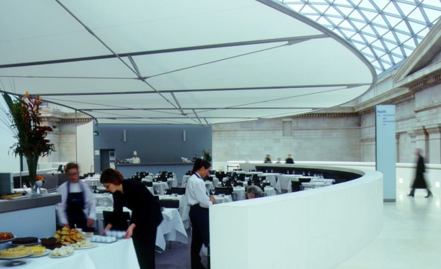 Fabric shade over restaurant ceiling