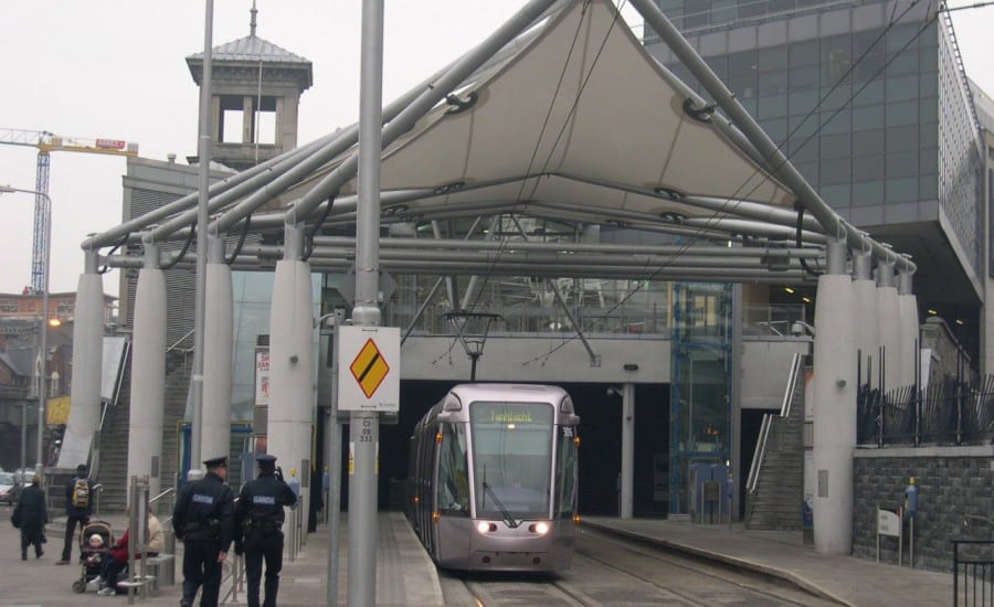 fabric membrane panels over tram station