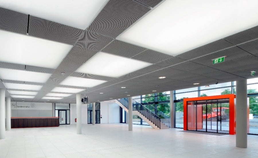 Fabric ceiling panels in office building