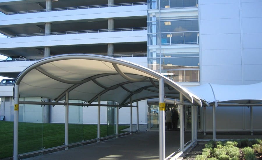 Tensile fabric walkway to airport