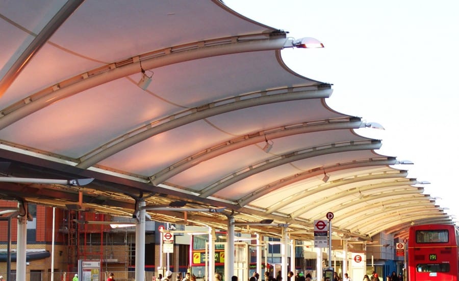 Tensile fabric walkway canopy at bus station