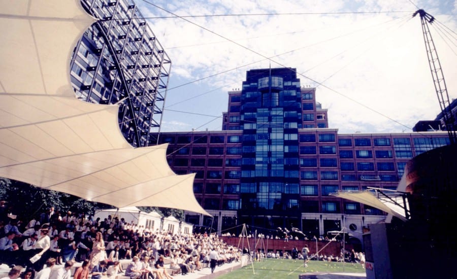 Fabric canopies covering outdoor seating area