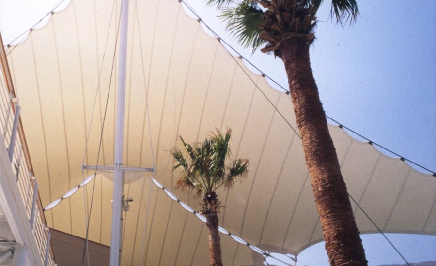 Tensioned fabric shopping centre roof