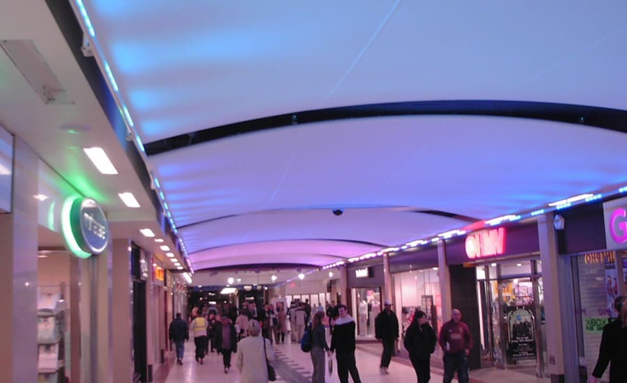 LED lit tensile fabric barrel vault canopies