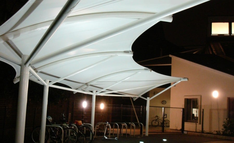 Fabric canopies covering bike park