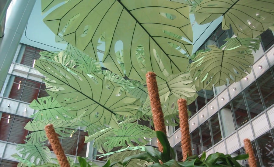 Decorative fabric leaves in office atrium