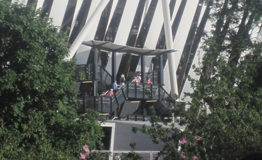 Tensile fabric canopy over stairs