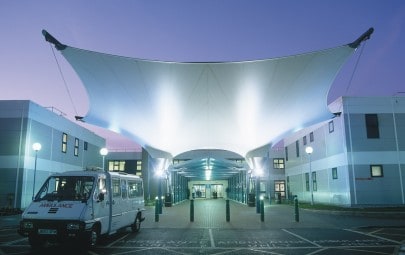 Lit fabric entrance canopy to hospital