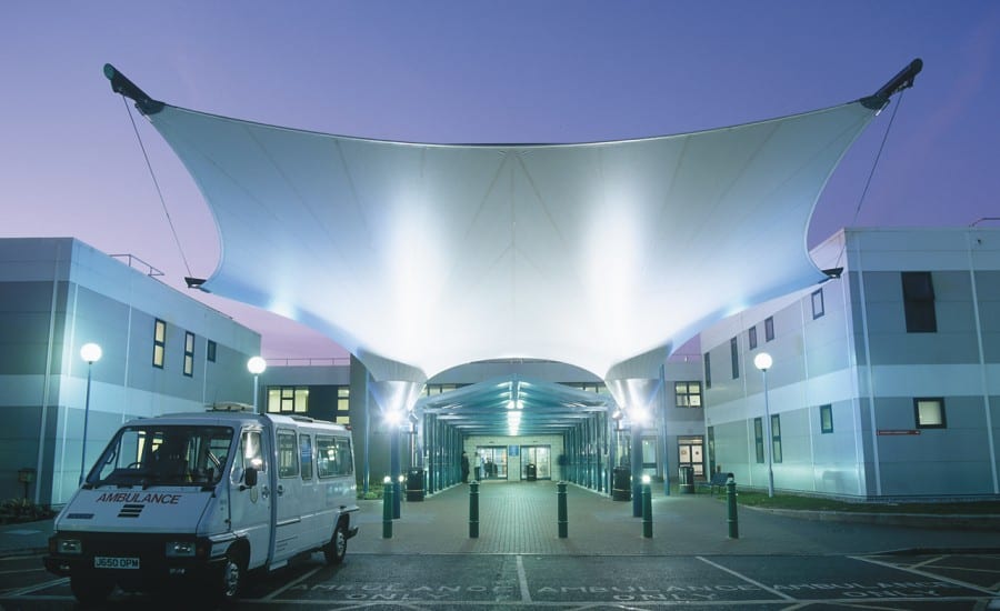 Lit fabric entrance canopy to hospital