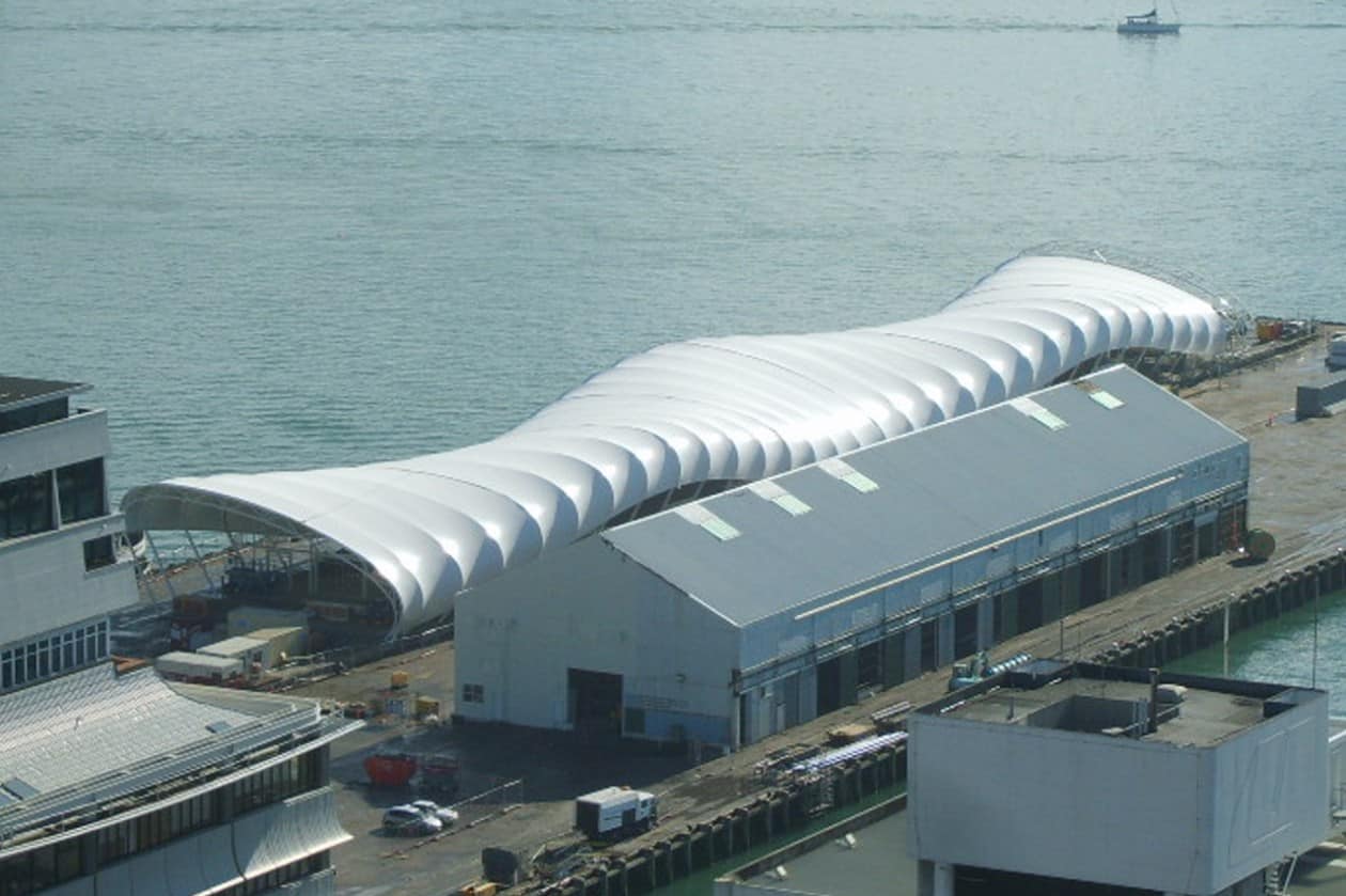 Unusual shape tensile fabric roof Architen Landrell