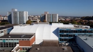 White tensile fabric roof
