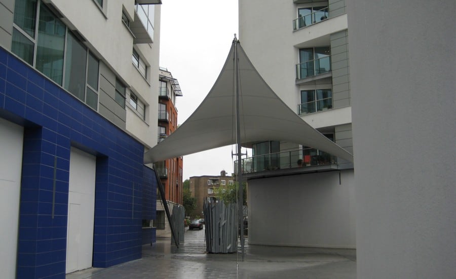 Sculptural fabric entrance canopy