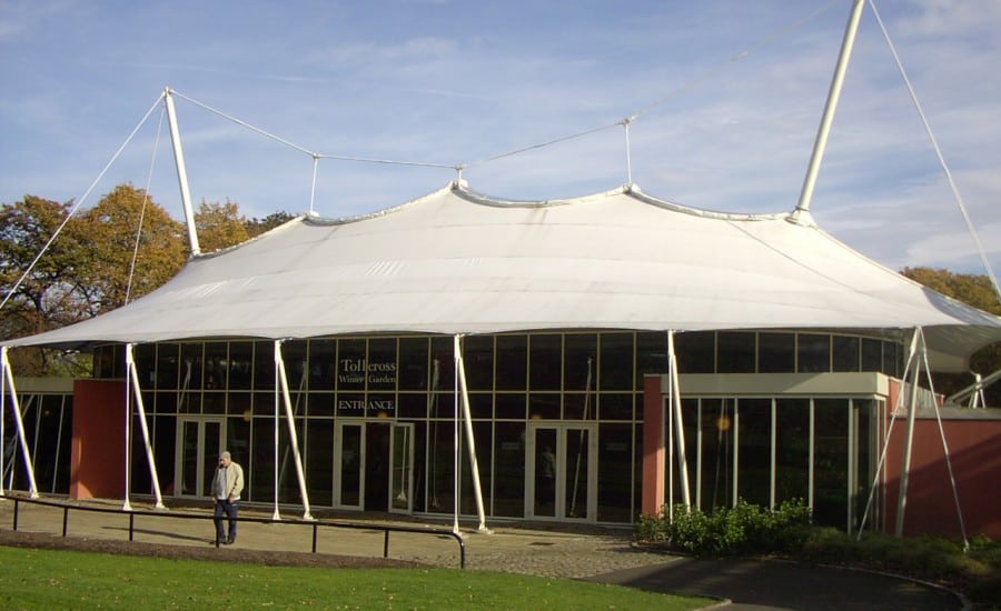 Tensile fabric roof canopy covering Orangery