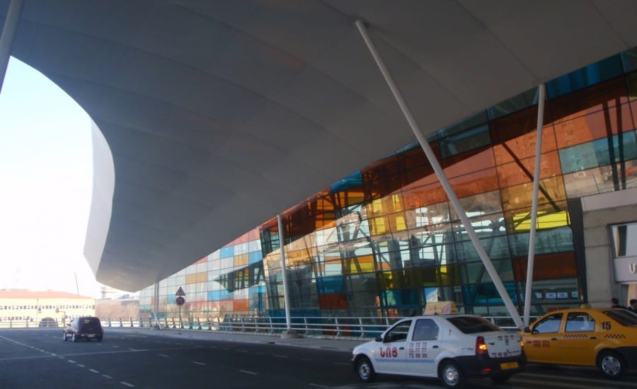 Fabric structure over airport entrance 