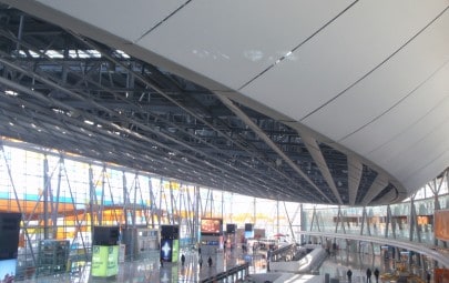 Acoustic fabric ceiling panels in airport