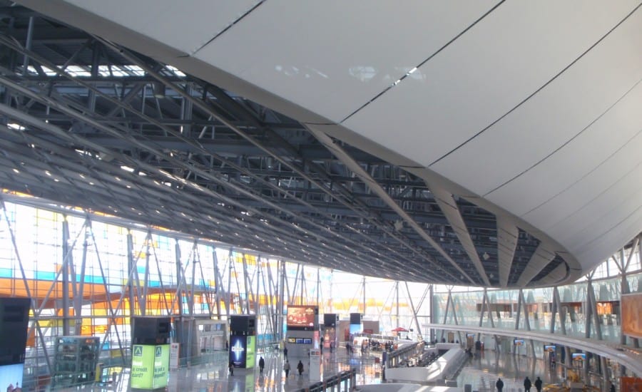 Acoustic fabric ceiling panels in airport