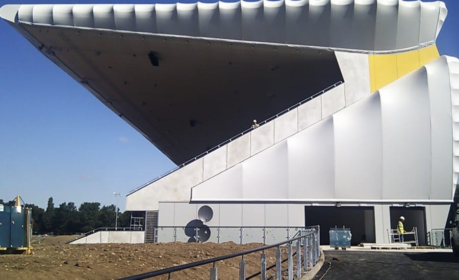 Tensile fabric cladding for athletics stadium