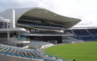 Sports stand wirth fabric ceiling panels