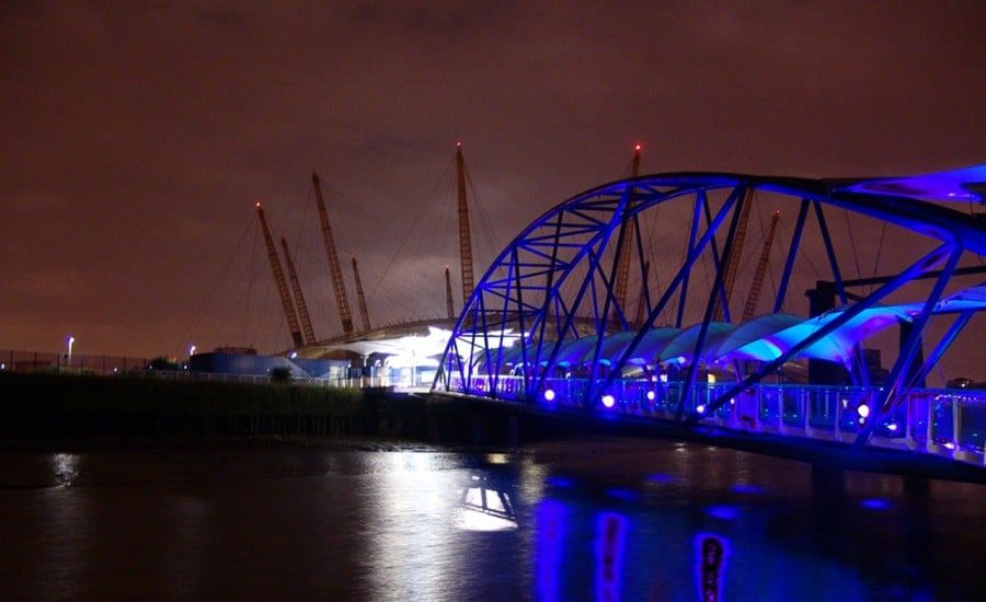 Tensile fabric walkway canopy at night