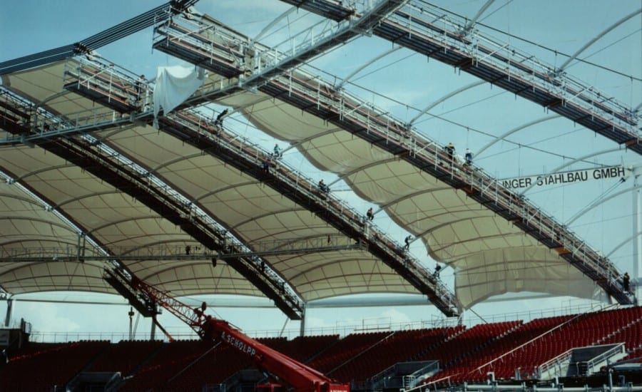 Fabric canopies over stadium seating