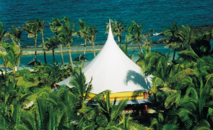 Bright white fabric entertainment canopy