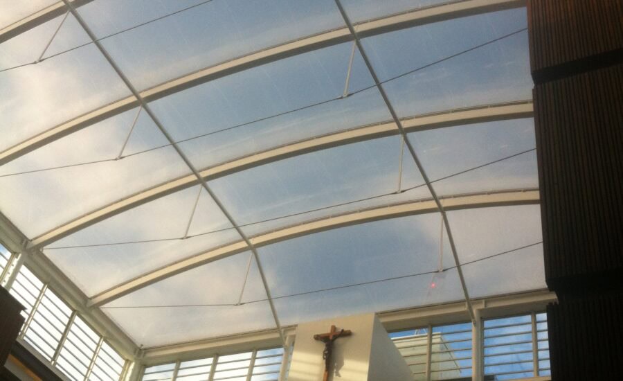 ETFE cushion roof over the central courtyard at The London Oratory School, viewed from below