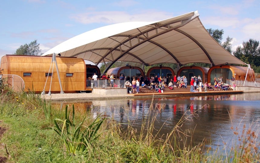 outdoor public space covered by tensile fabric archway