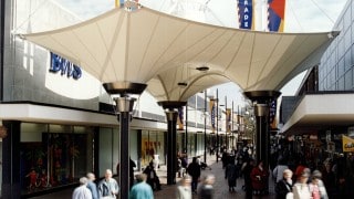 PVC Polyester Fabric canopy for shopping court as a series of inverted conics