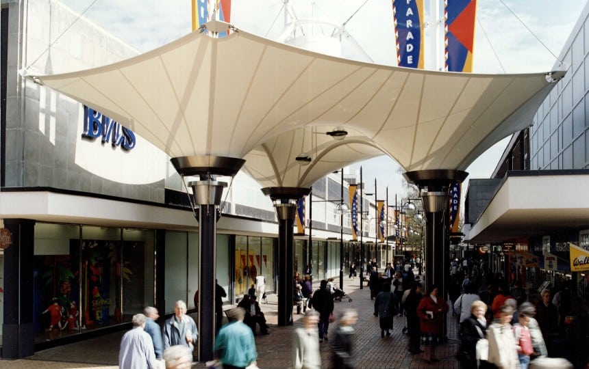 PVC Polyester Fabric canopy for shopping court as a series of inverted conics