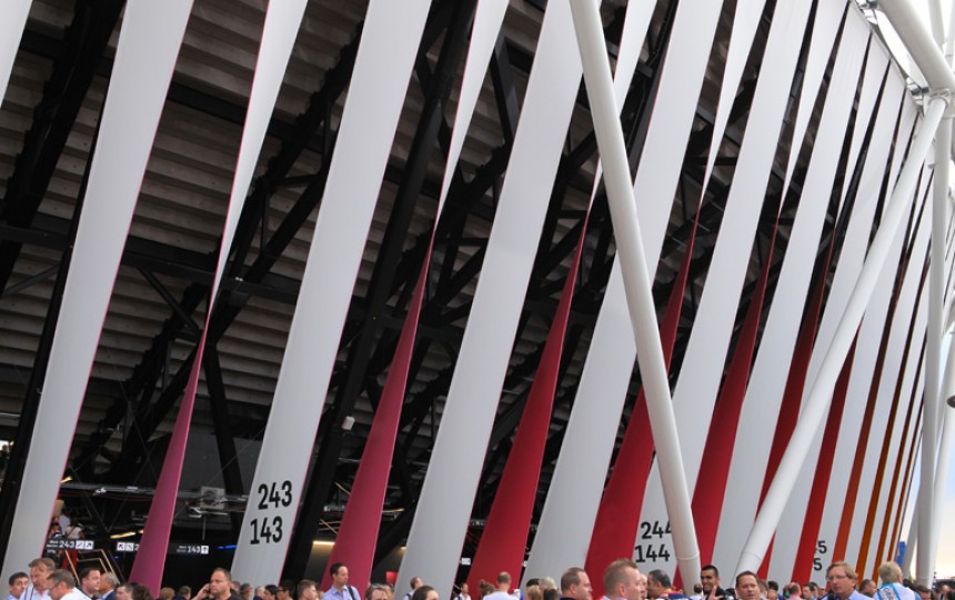 Tensile fabric wrap panels for the Olympic Stadium