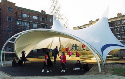 Tensile fabric canopy for a school