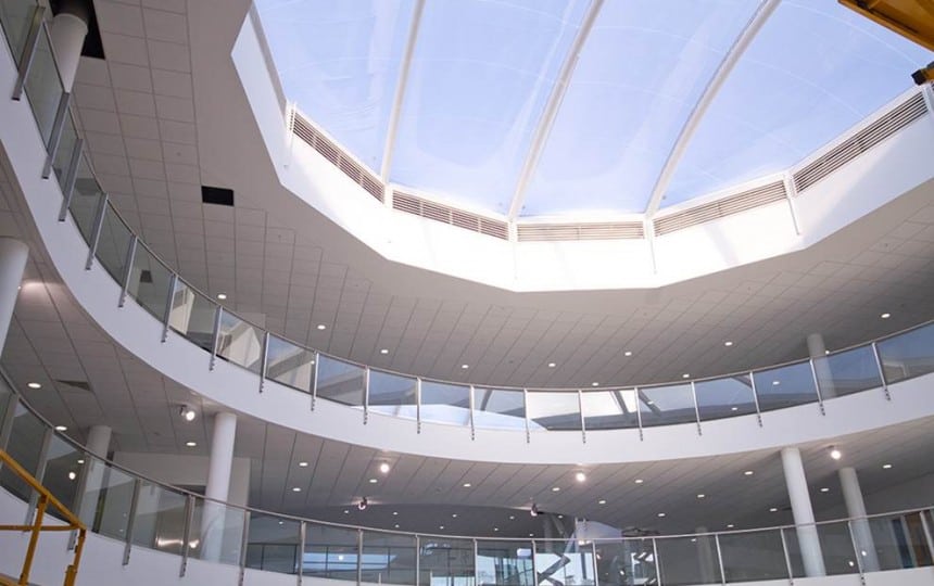 Circular ETFE cushions over atrium for offices